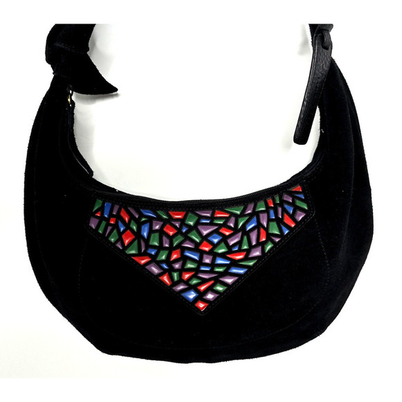 Sabrina Scala Black Suede with "Stained Glass" Leather Flap Hobo Shoulder Bag - Picture 2 of 10